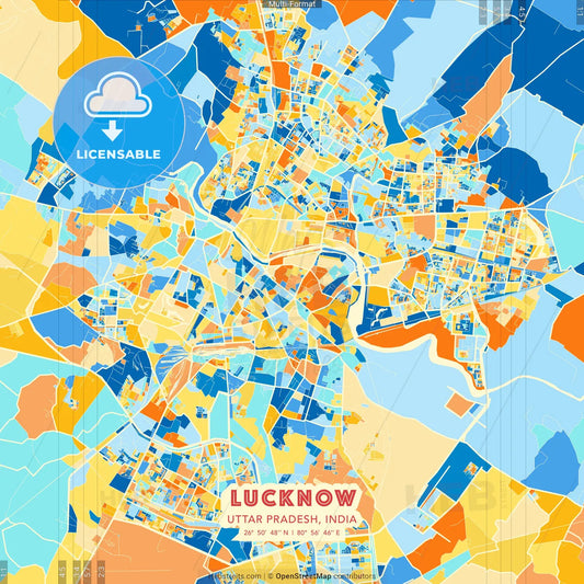 Lucknow, Uttar Pradesh, India blue and orange vector art map template