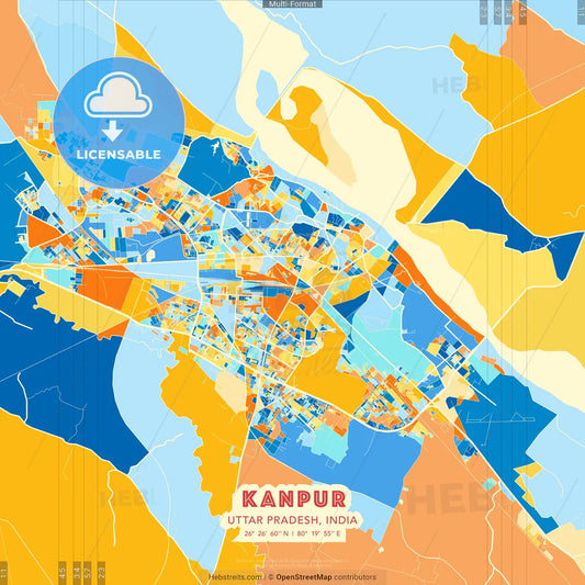 Kanpur, Uttar Pradesh, India blue and orange vector art map template