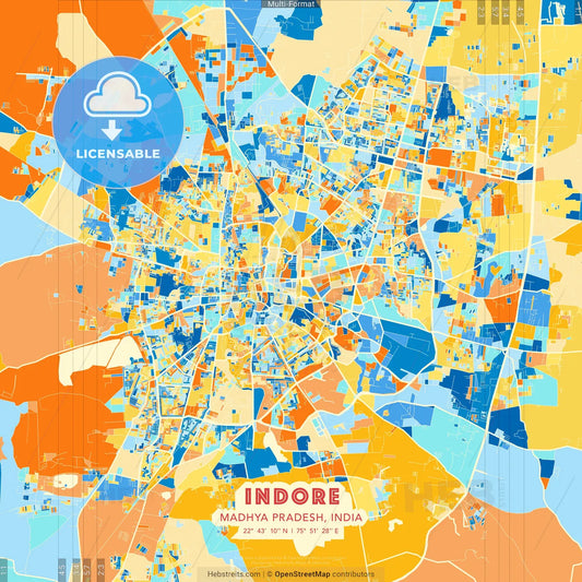 Indore, Madhya Pradesh, India blue and orange vector art map template
