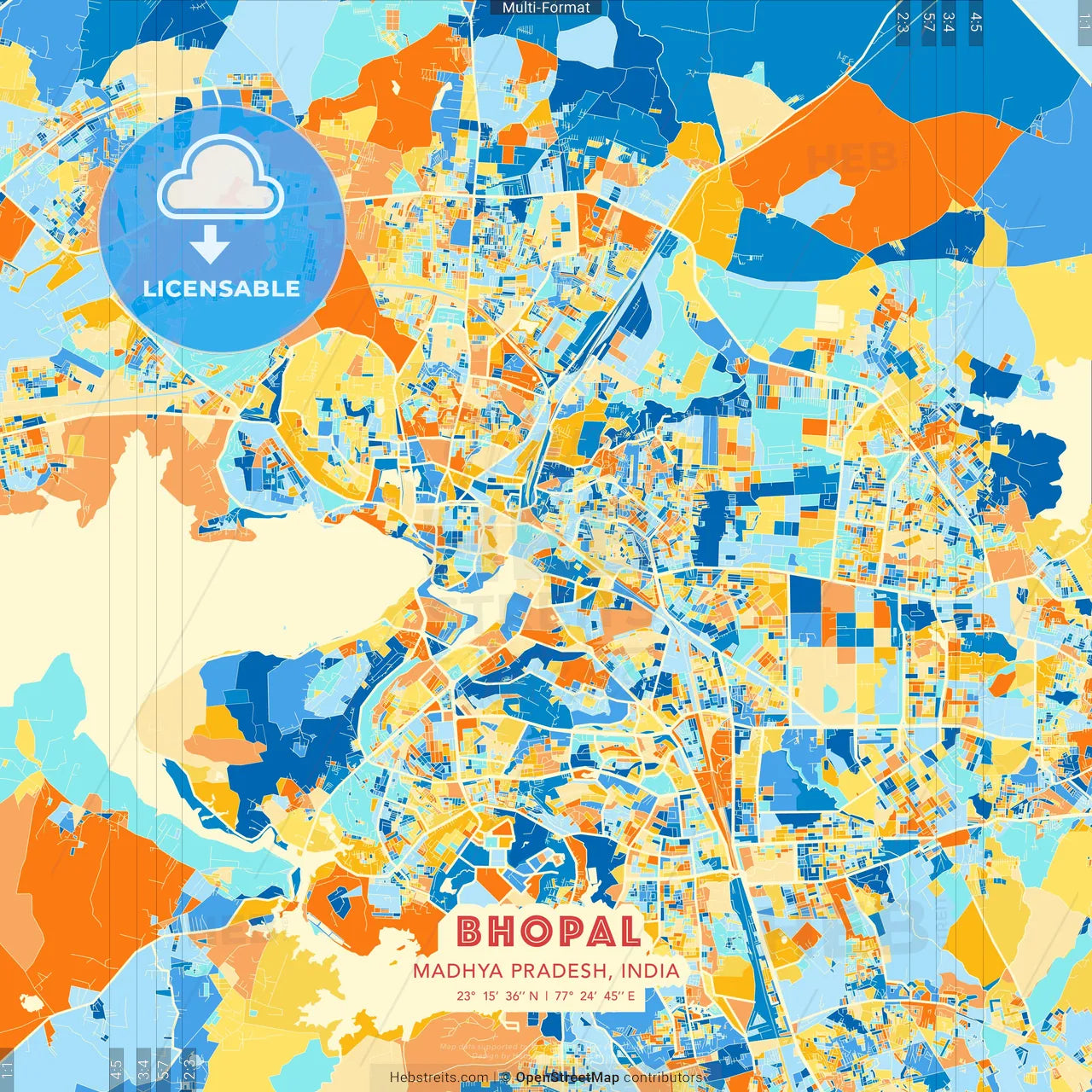 Bhopal, Madhya Pradesh, India blue and orange vector art map template