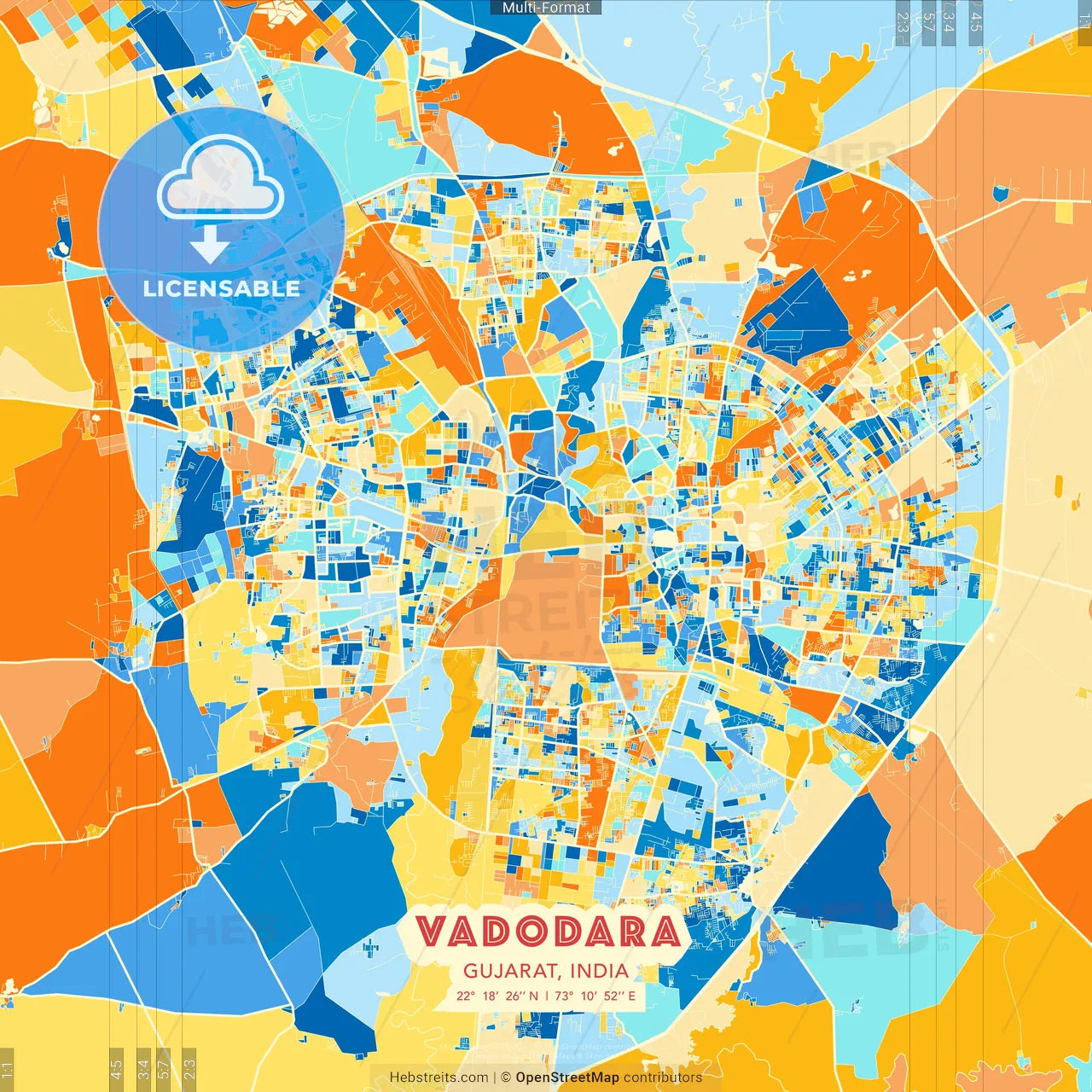Vadodara, Gujarat, India blue and orange vector art map template