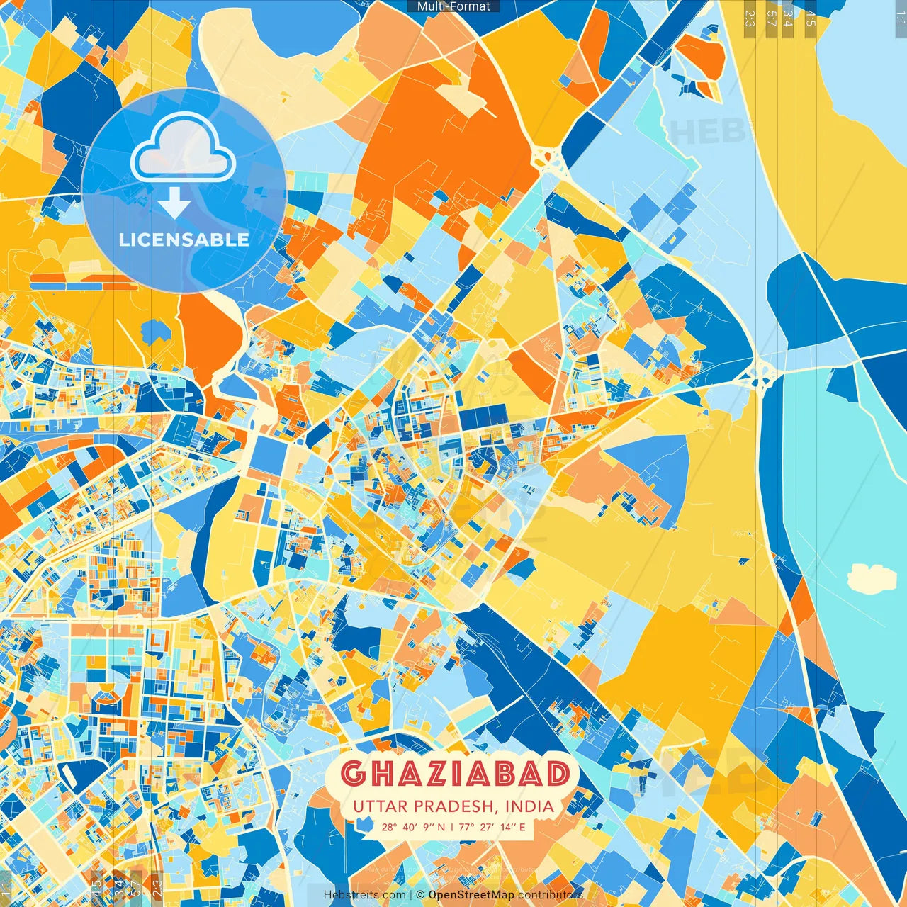 Ghaziabad, Uttar Pradesh, India blue and orange vector art map template