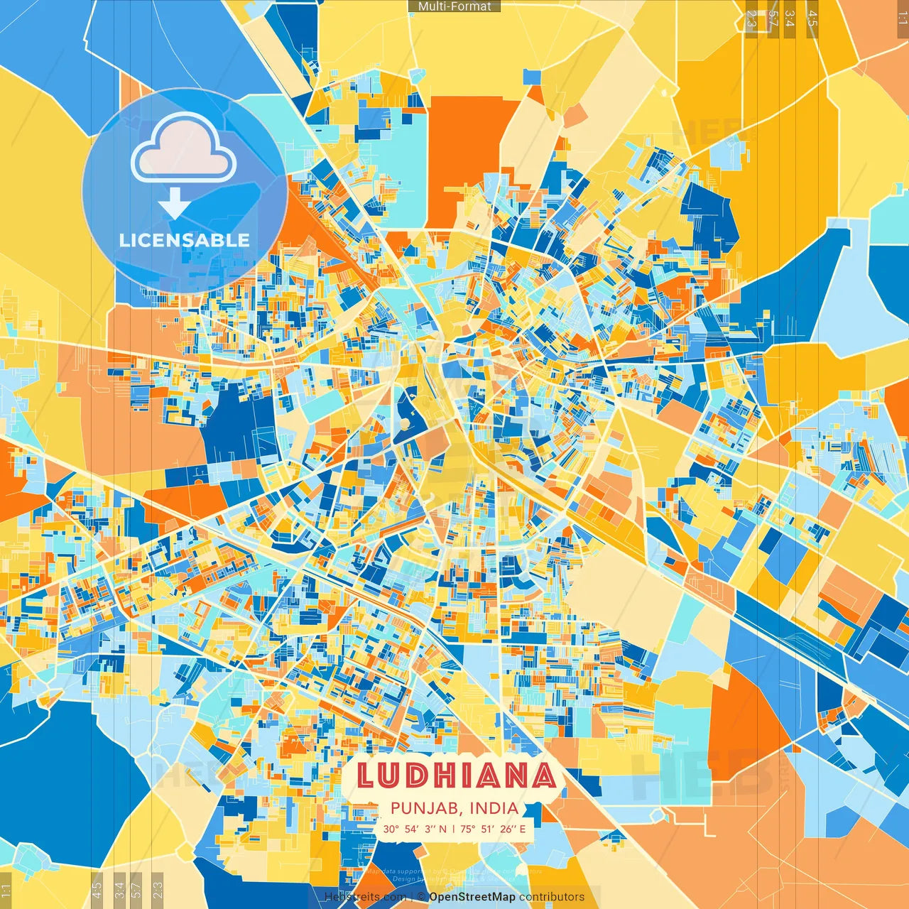 Ludhiana, Punjab, India blue and orange vector art map template