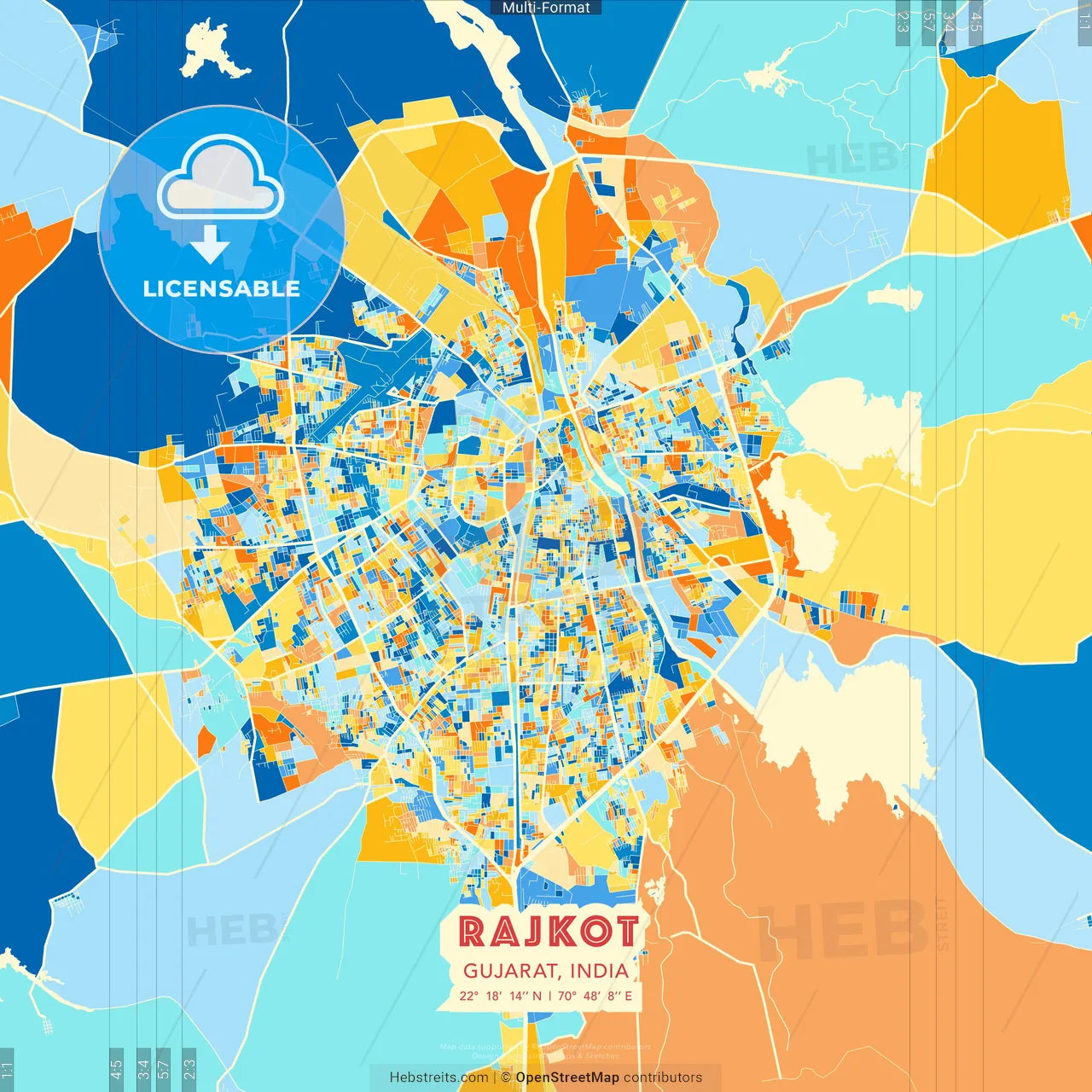 Rajkot, Gujarat, India blue and orange vector art map template
