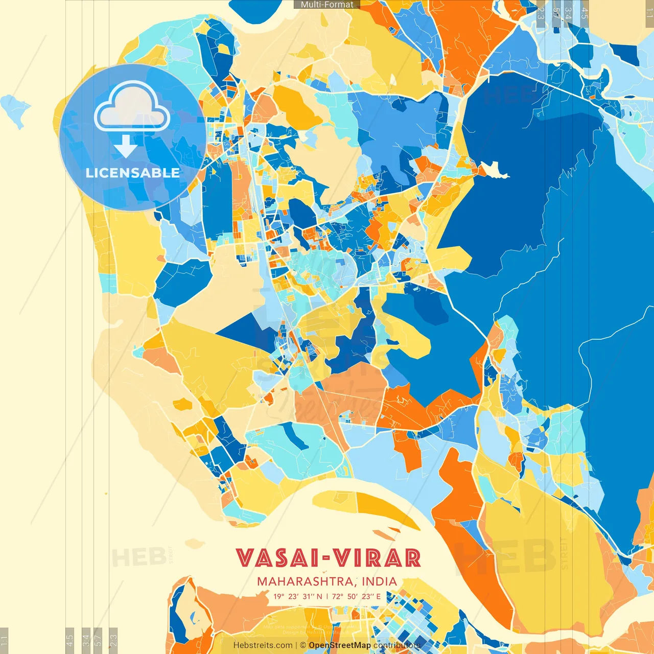 Vasai-Virar, Maharashtra, India blue and orange vector art map template