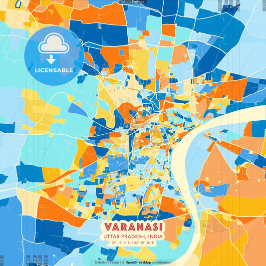 Varanasi, Uttar Pradesh, India blue and orange vector art map template