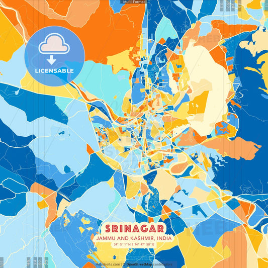 Srinagar, Jammu and Kashmir, India blue and orange vector art map template