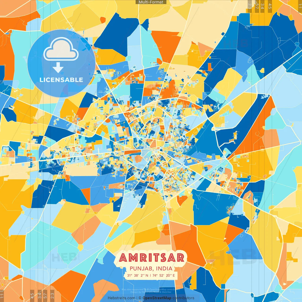 Amritsar, Punjab, India blue and orange vector art map template