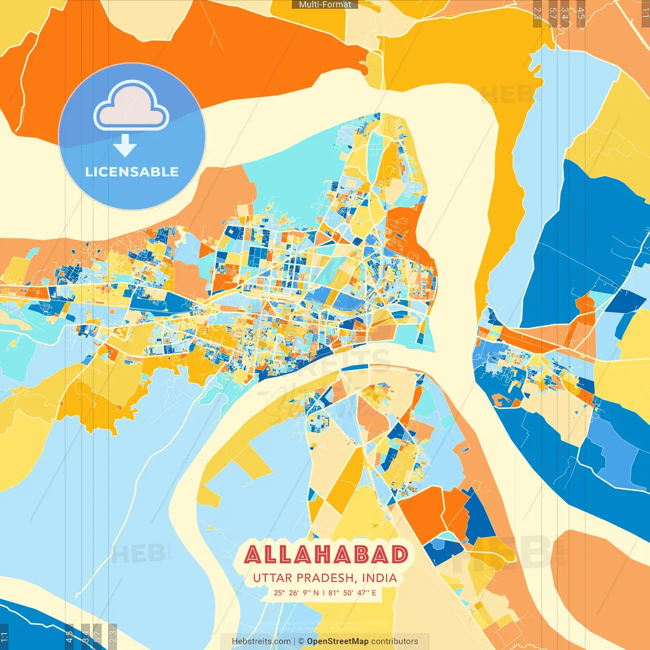 Allahabad, Uttar Pradesh, India blue and orange vector art map template