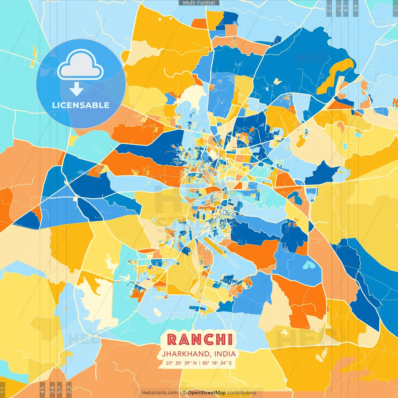 Ranchi, Jharkhand, India blue and orange vector art map template