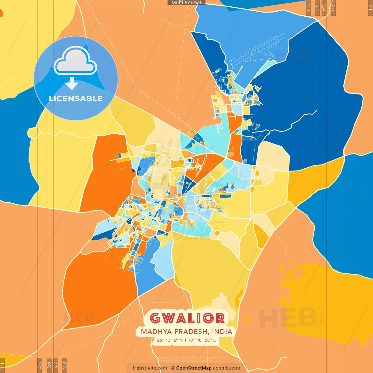 Gwalior, Madhya Pradesh, India blue and orange vector art map template