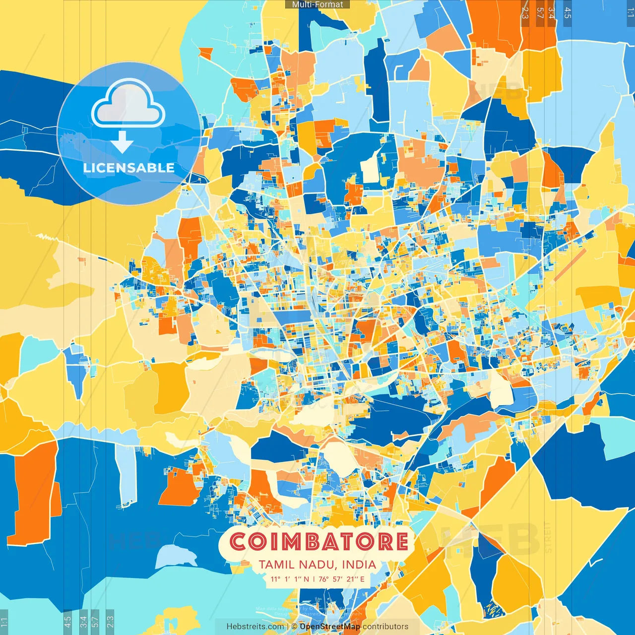 Coimbatore, Tamil Nadu, India blue and orange vector art map template