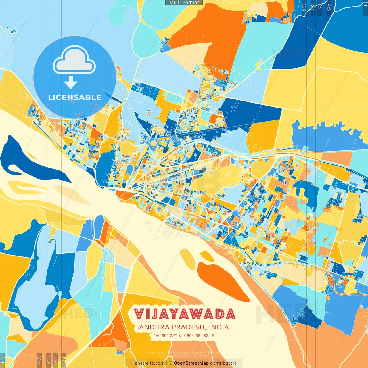 Vijayawada, Andhra Pradesh, India blue and orange vector art map template
