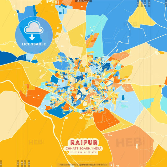 Raipur, Chhattisgarh, India blue and orange vector art map template