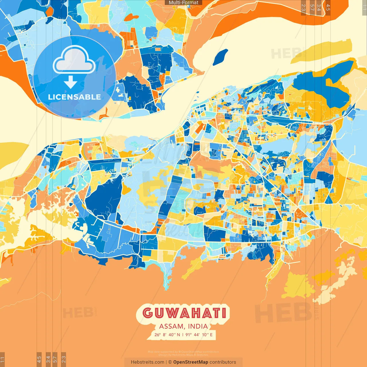 Guwahati, Assam, India blue and orange vector art map template