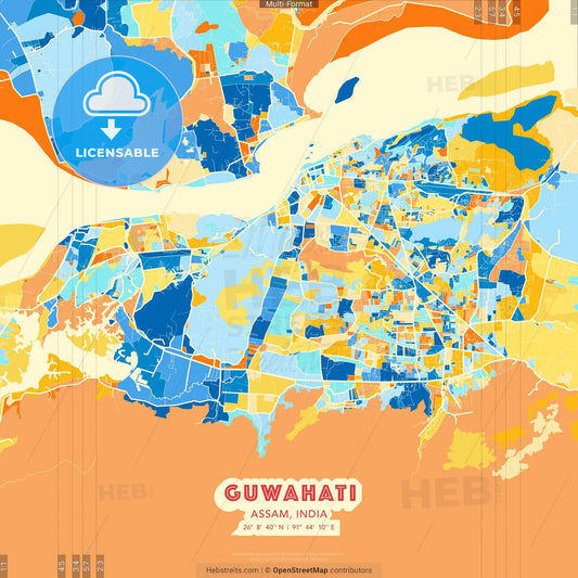 Guwahati, Assam, India blue and orange vector art map template