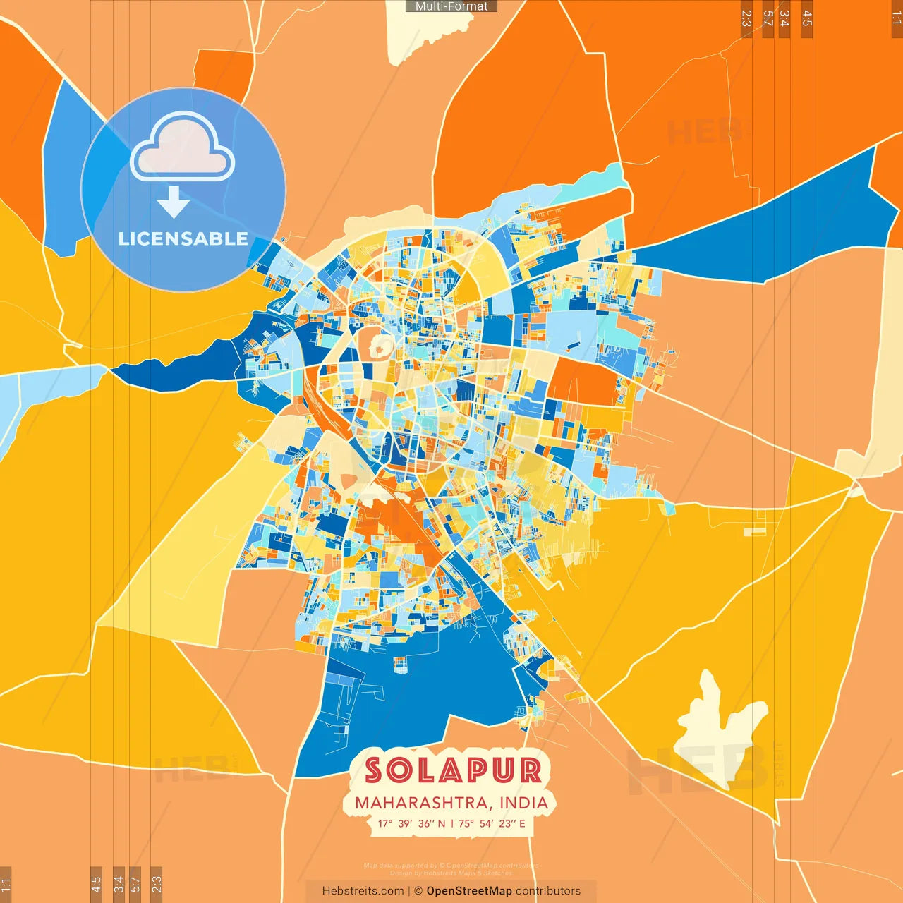 Solapur, Maharashtra, India blue and orange vector art map template