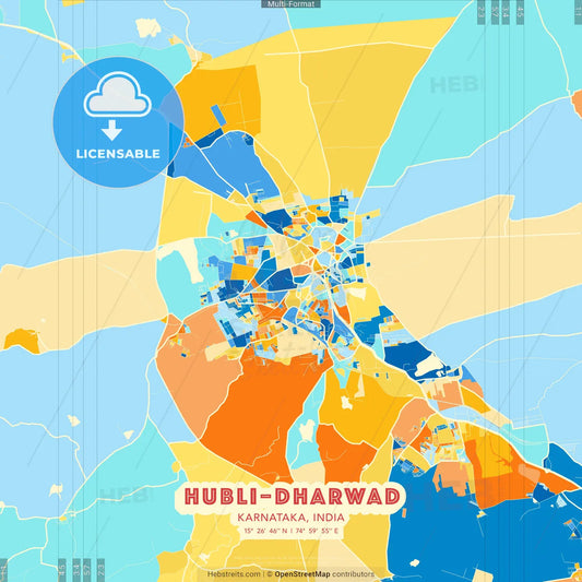 Hubli–Dharwad, Karnataka, India blue and orange vector art map template