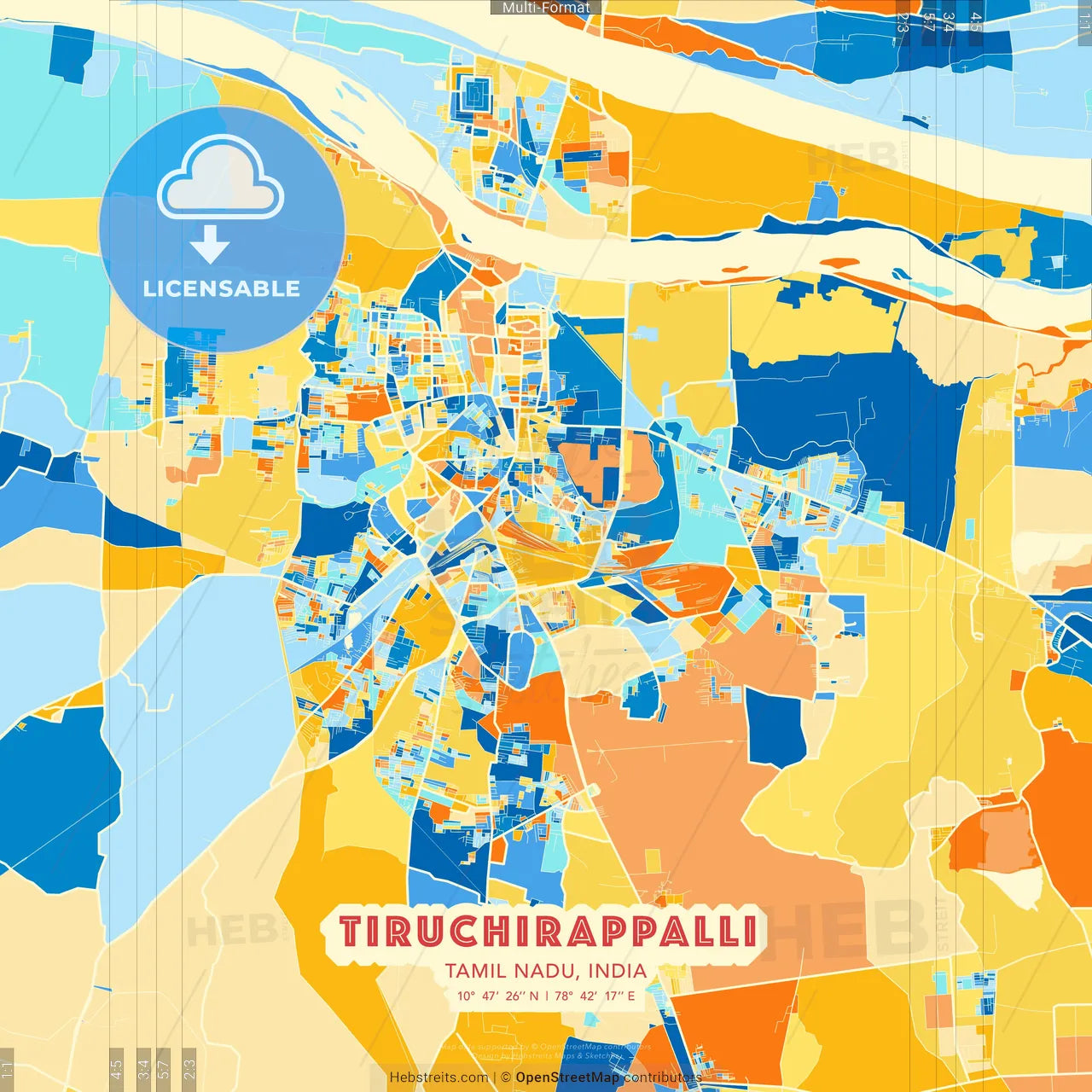 Tiruchirappalli, Tamil Nadu, India blue and orange vector art map template