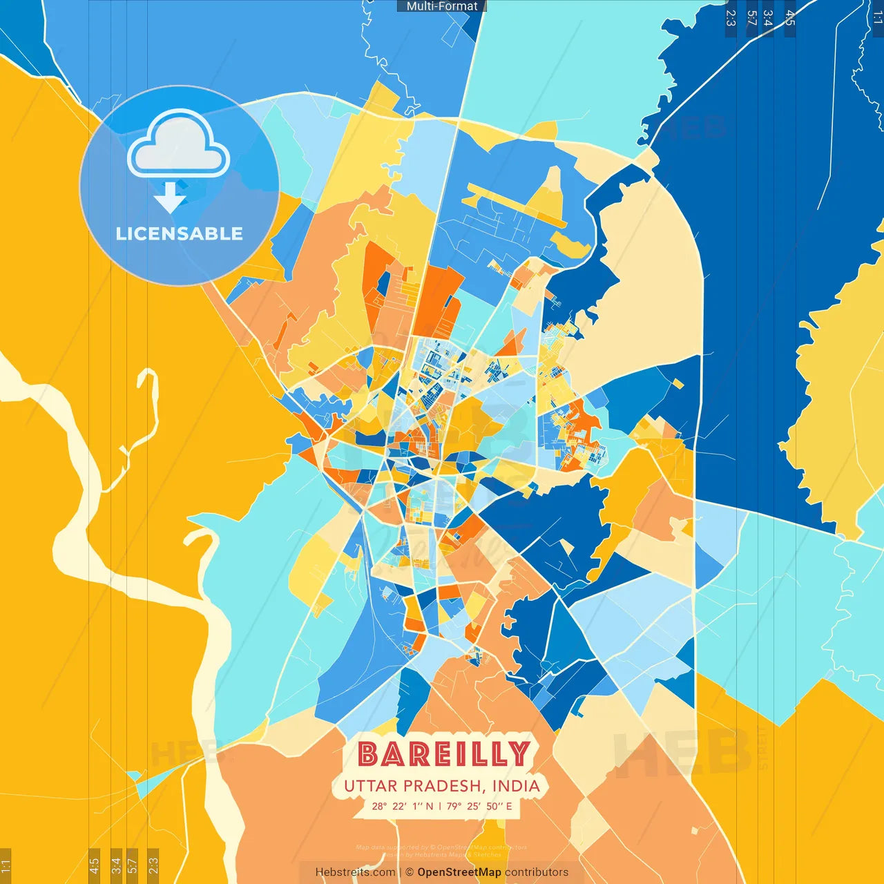 Bareilly, Uttar Pradesh, India blue and orange vector art map template