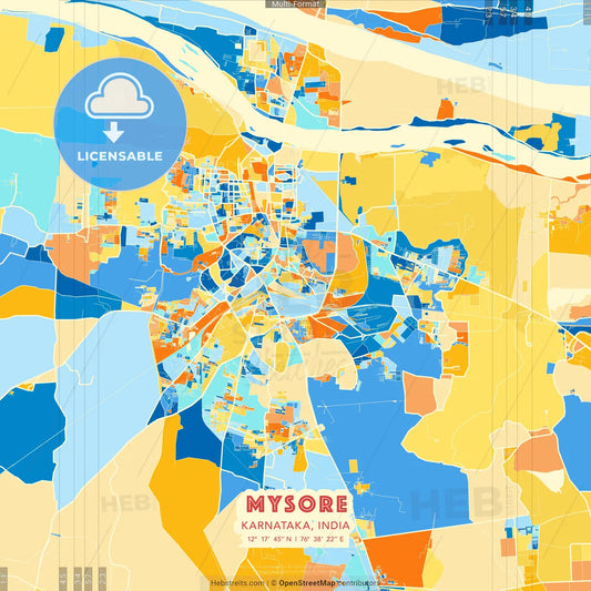 Mysore, Karnataka, India blue and orange vector art map template