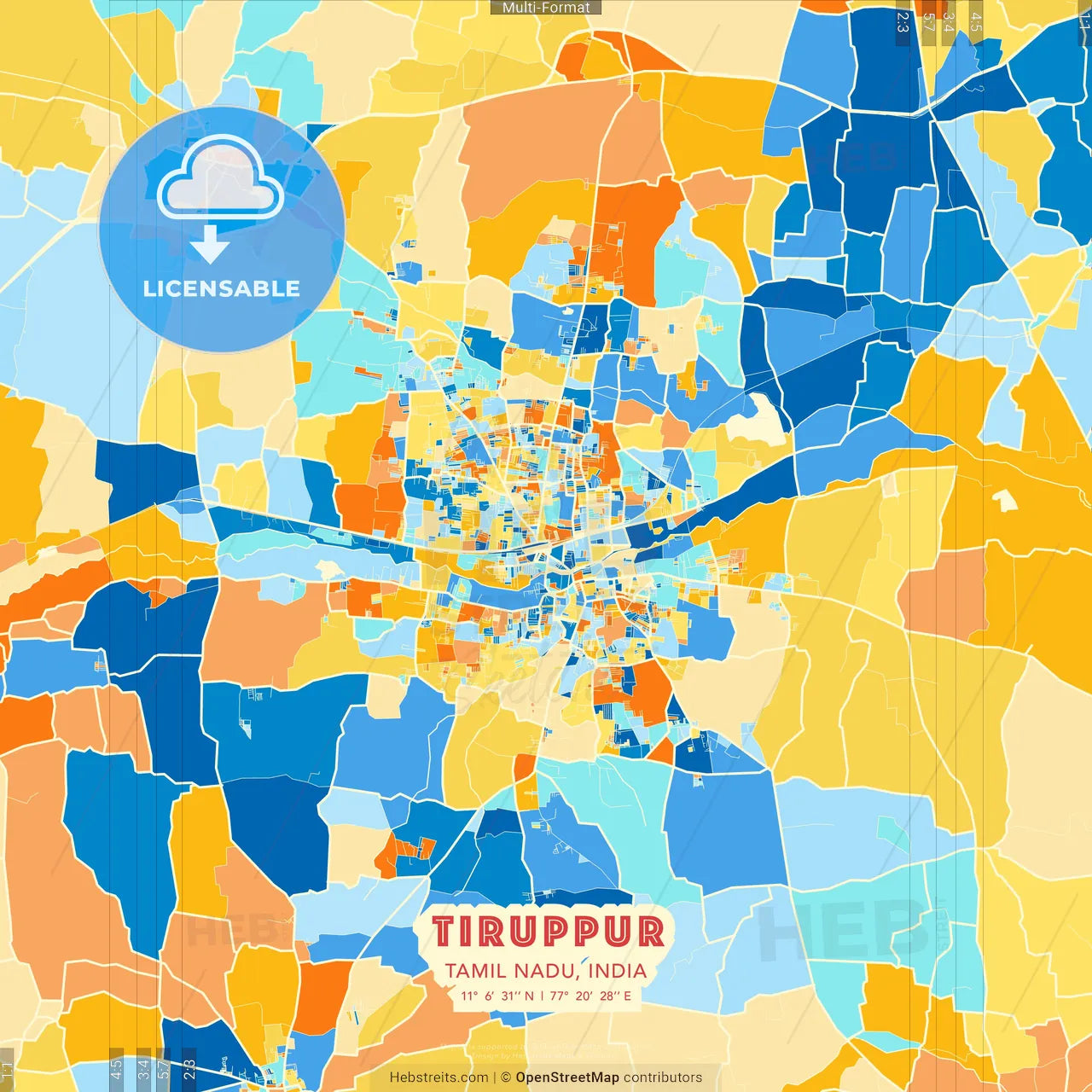 Tiruppur, Tamil Nadu, India blue and orange vector art map template
