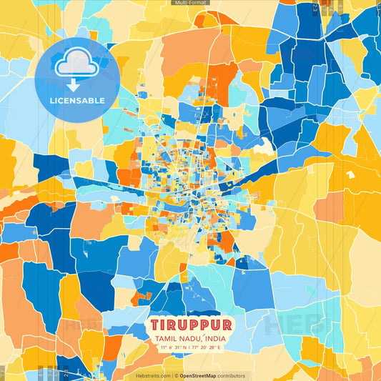 Tiruppur, Tamil Nadu, India blue and orange vector art map template
