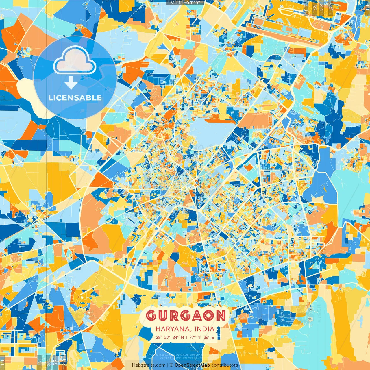 Gurgaon, Haryana, India blue and orange vector art map template