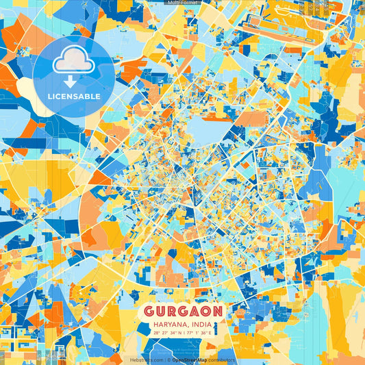 Gurgaon, Haryana, India blue and orange vector art map template