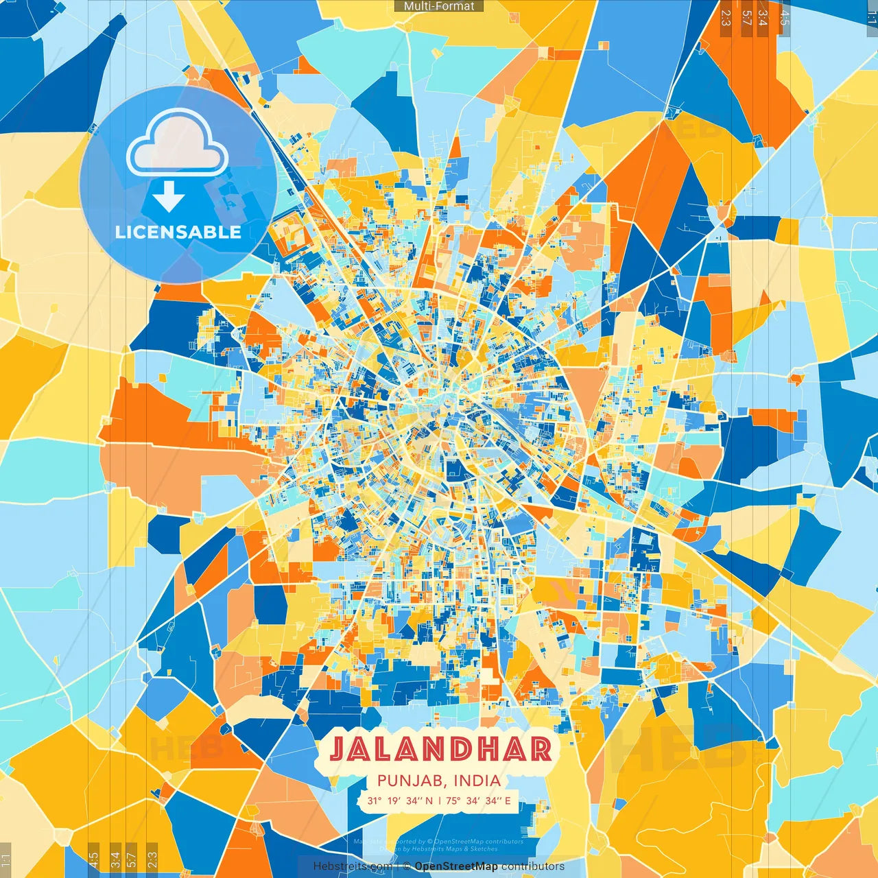 Jalandhar, Punjab, India blue and orange vector art map template