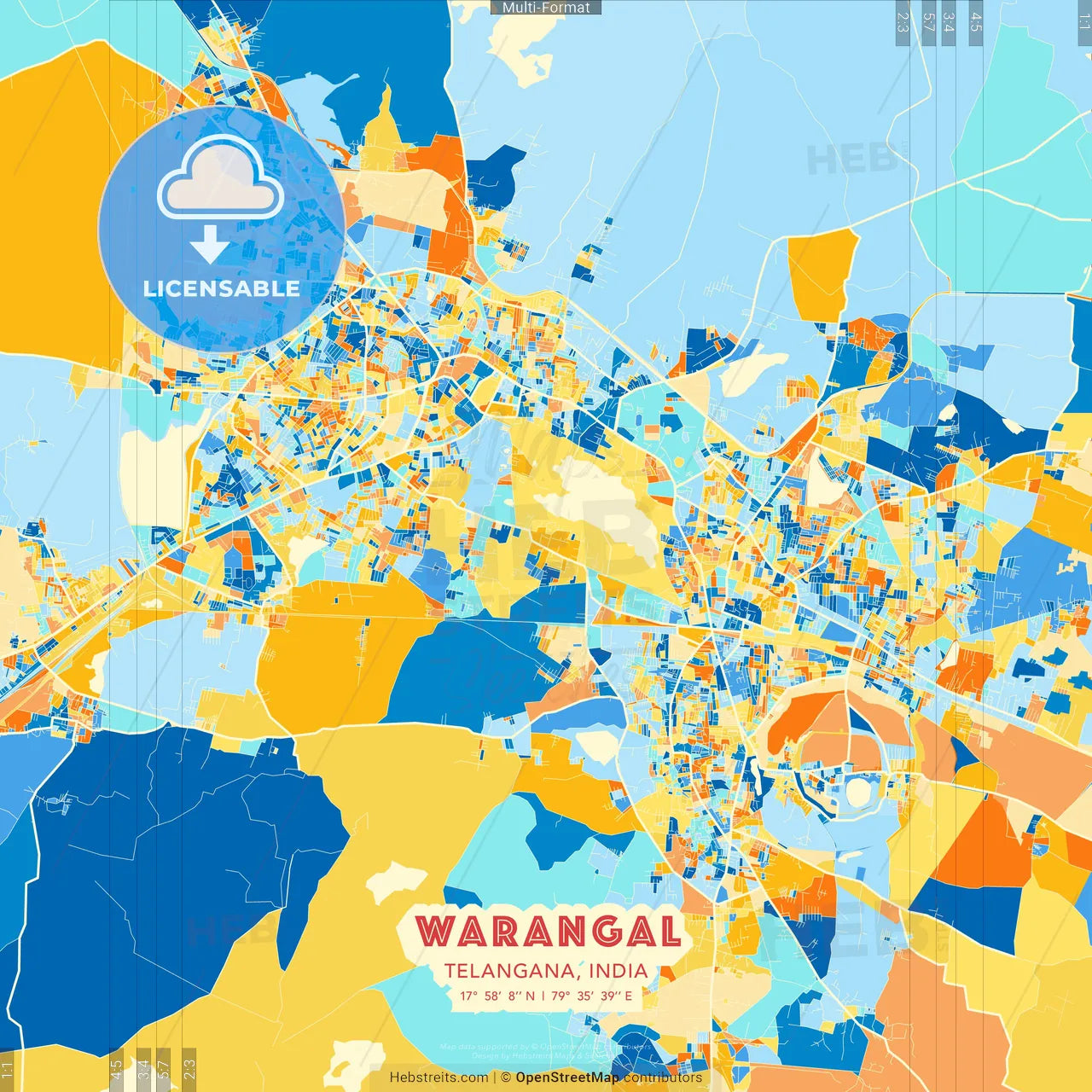 Warangal, Telangana, India blue and orange vector art map template