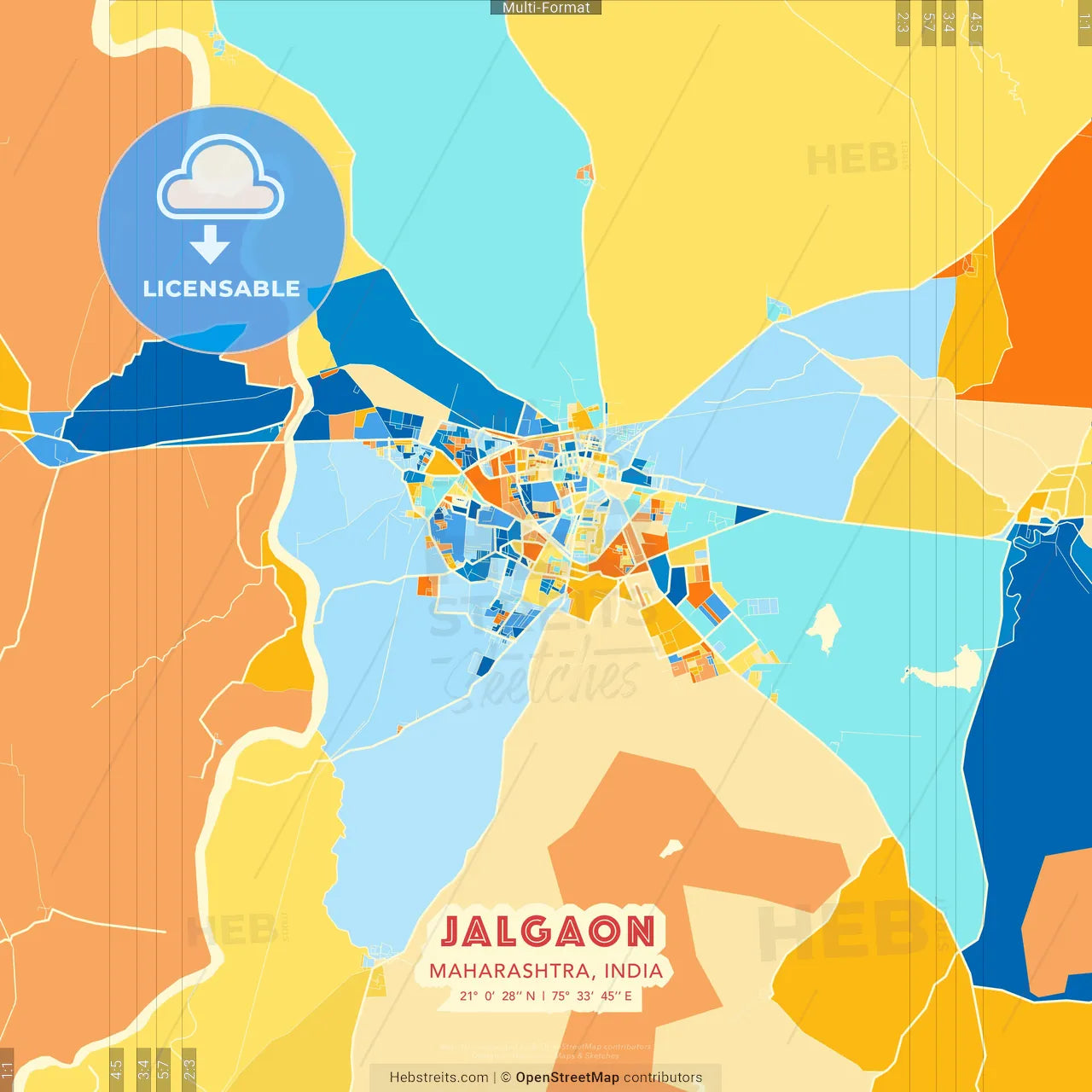 Jalgaon, Maharashtra, India blue and orange vector art map template