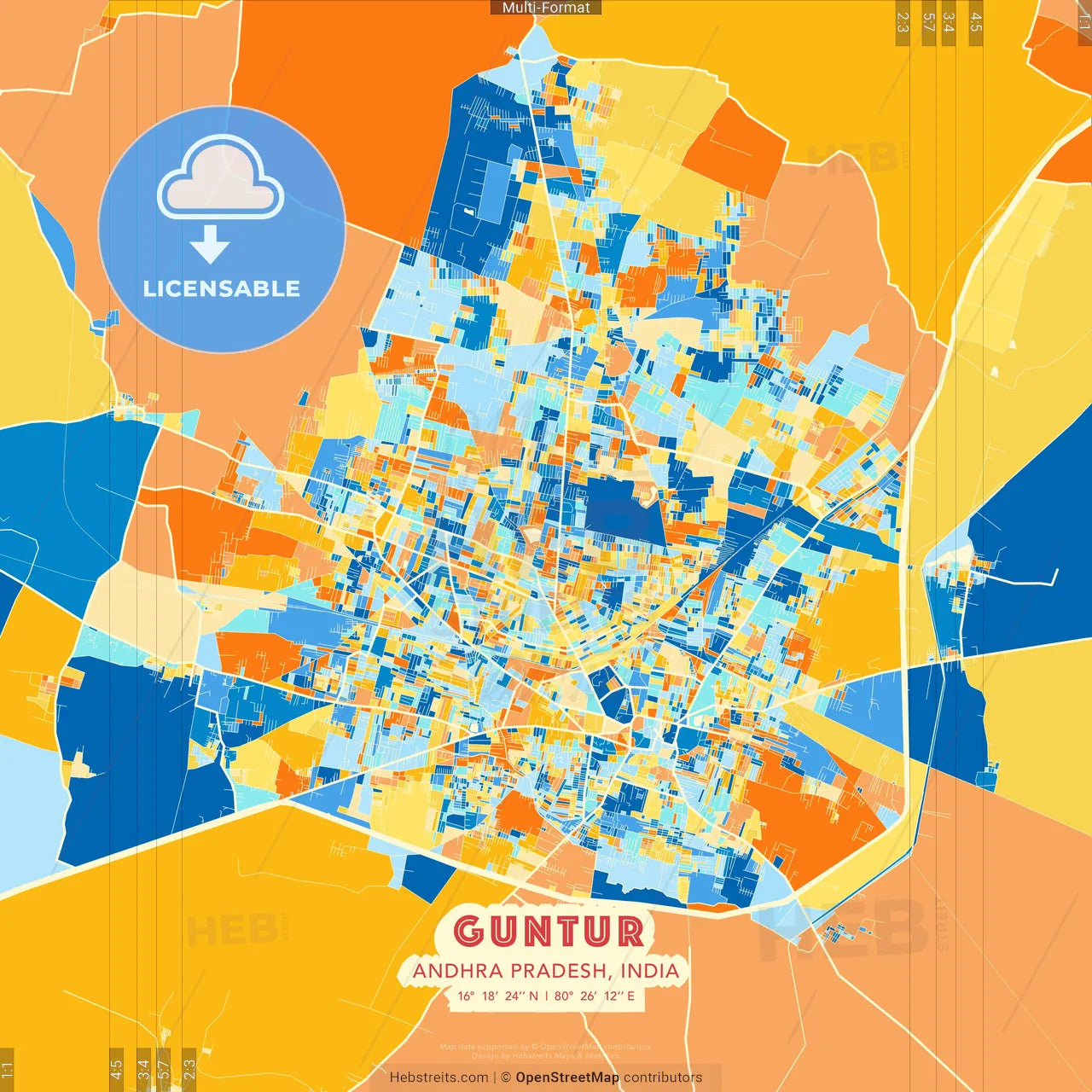 Guntur, Andhra Pradesh, India blue and orange vector art map template