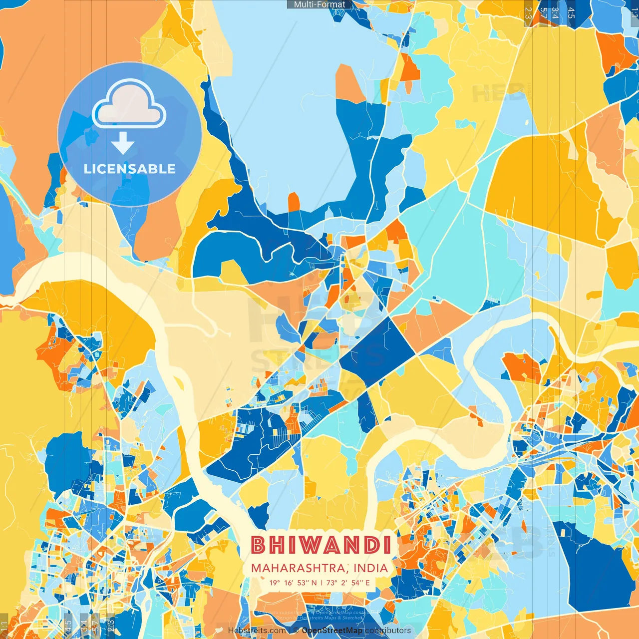 Bhiwandi, Maharashtra, India blue and orange vector art map template