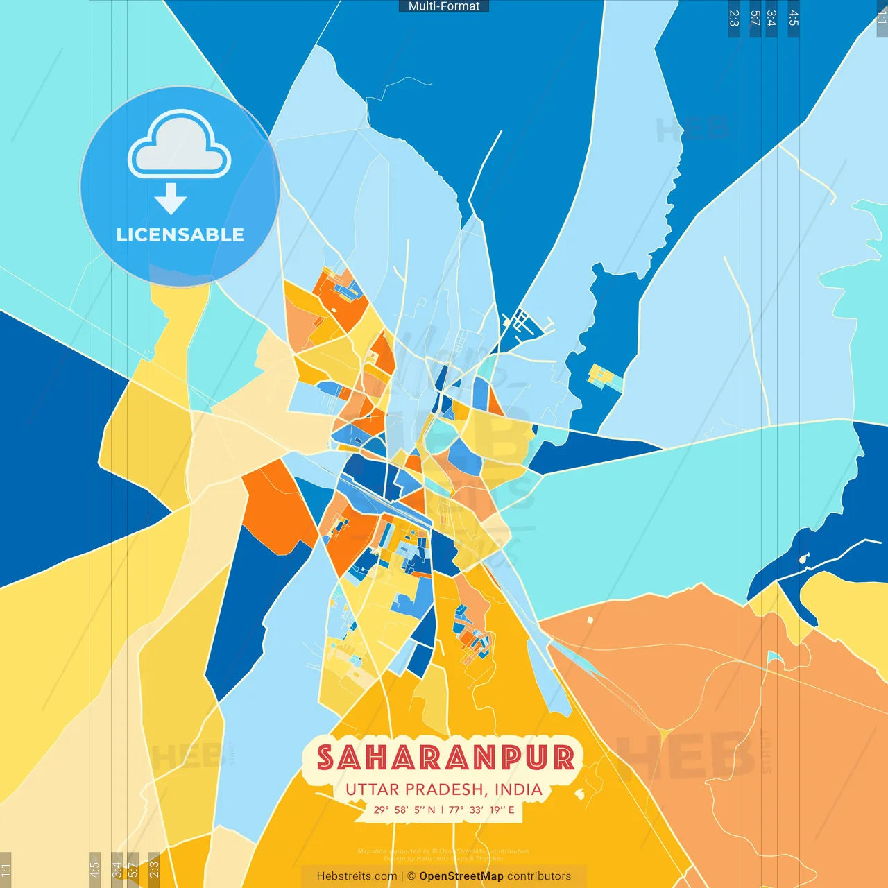 Saharanpur, Uttar Pradesh, India blue and orange vector art map template