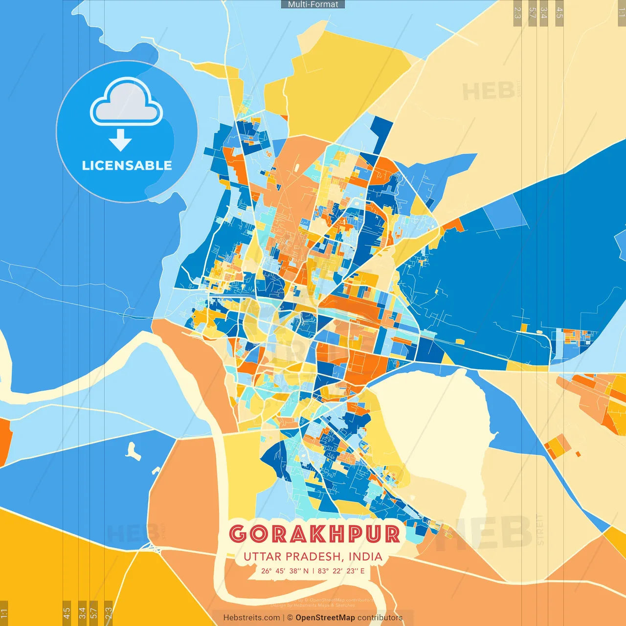 Gorakhpur, Uttar Pradesh, India blue and orange vector art map template