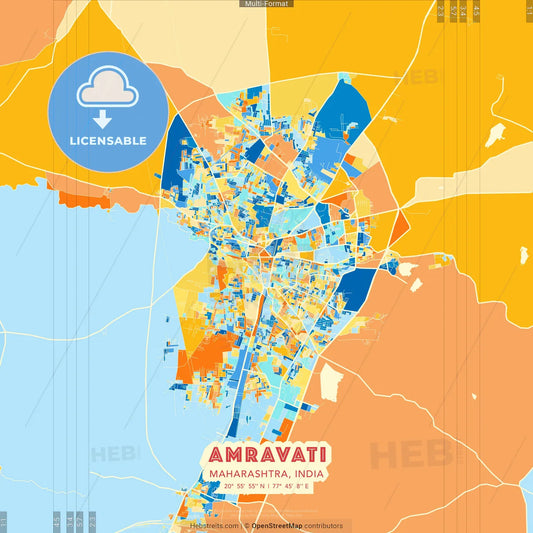 Amravati, Maharashtra, India blue and orange vector art map template