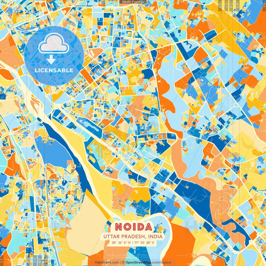 Noida, Uttar Pradesh, India blue and orange vector art map template