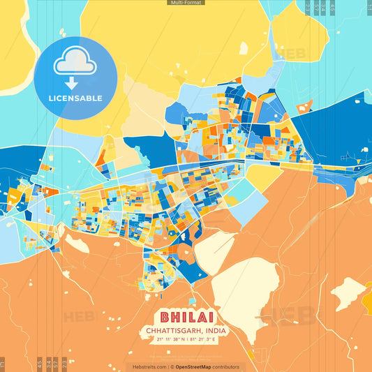 Bhilai, Chhattisgarh, India blue and orange vector art map template