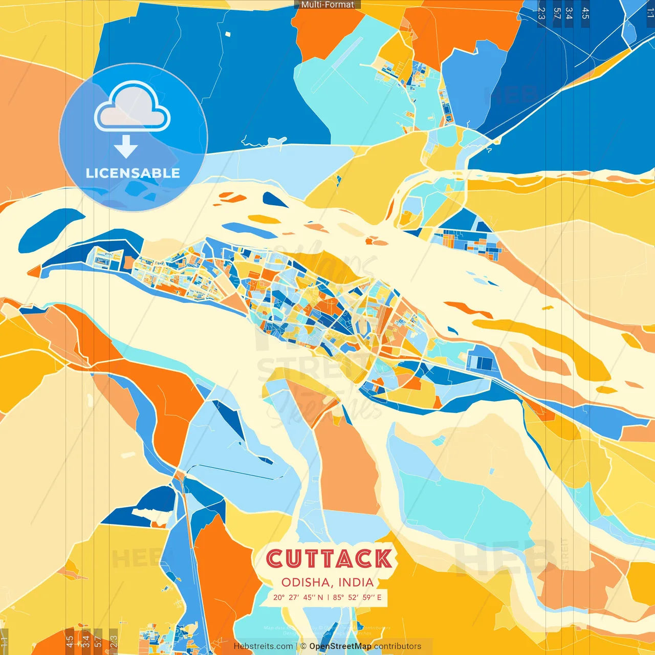 Cuttack, Odisha, India blue and orange vector art map template
