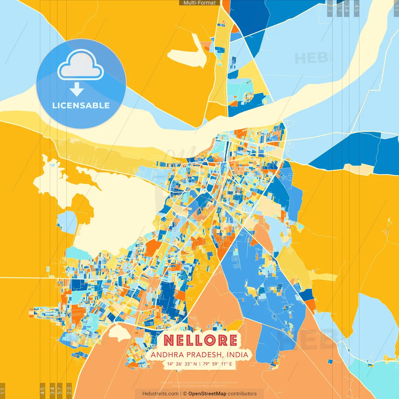Nellore, Andhra Pradesh, India blue and orange vector art map template