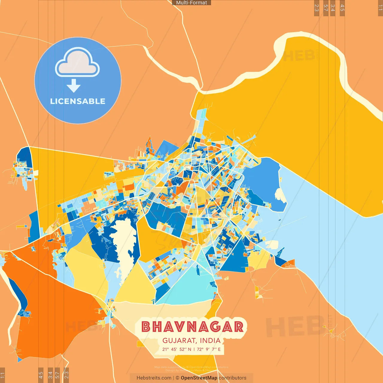 Bhavnagar, Gujarat, India blue and orange vector art map template