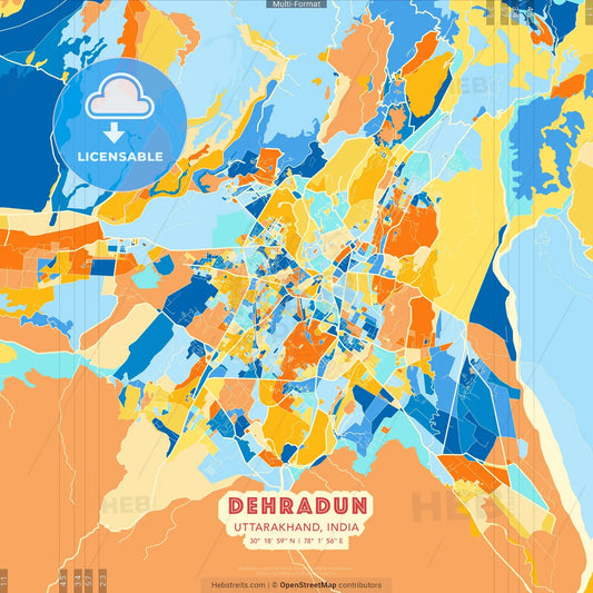 Dehradun, Uttarakhand, India blue and orange vector art map template