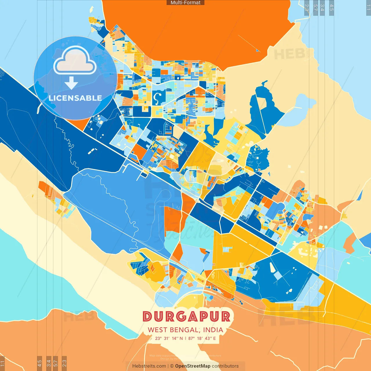 Durgapur, West Bengal, India blue and orange vector art map template
