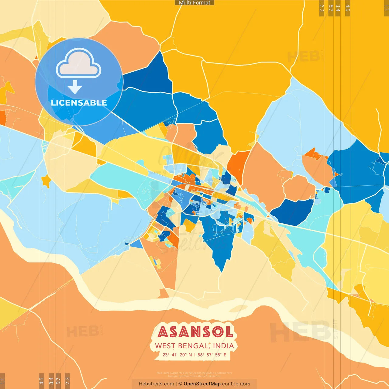 Asansol, West Bengal, India blue and orange vector art map template