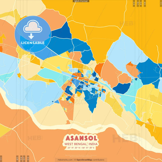 Asansol, West Bengal, India blue and orange vector art map template