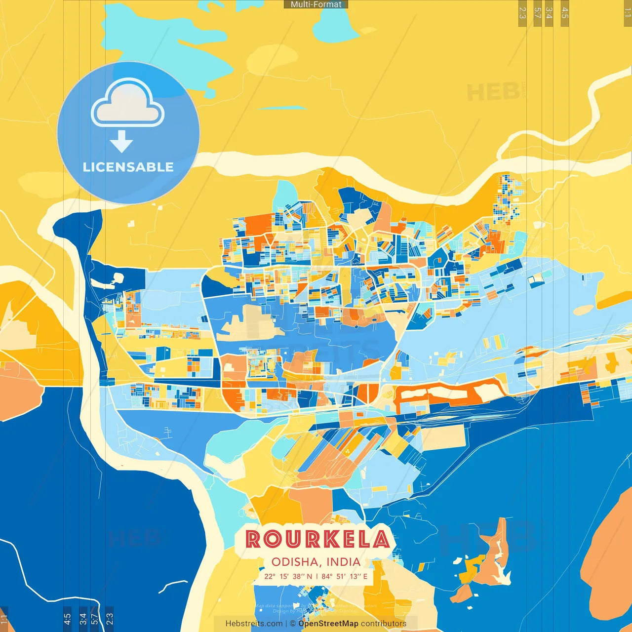 Rourkela, Odisha, India blue and orange vector art map template