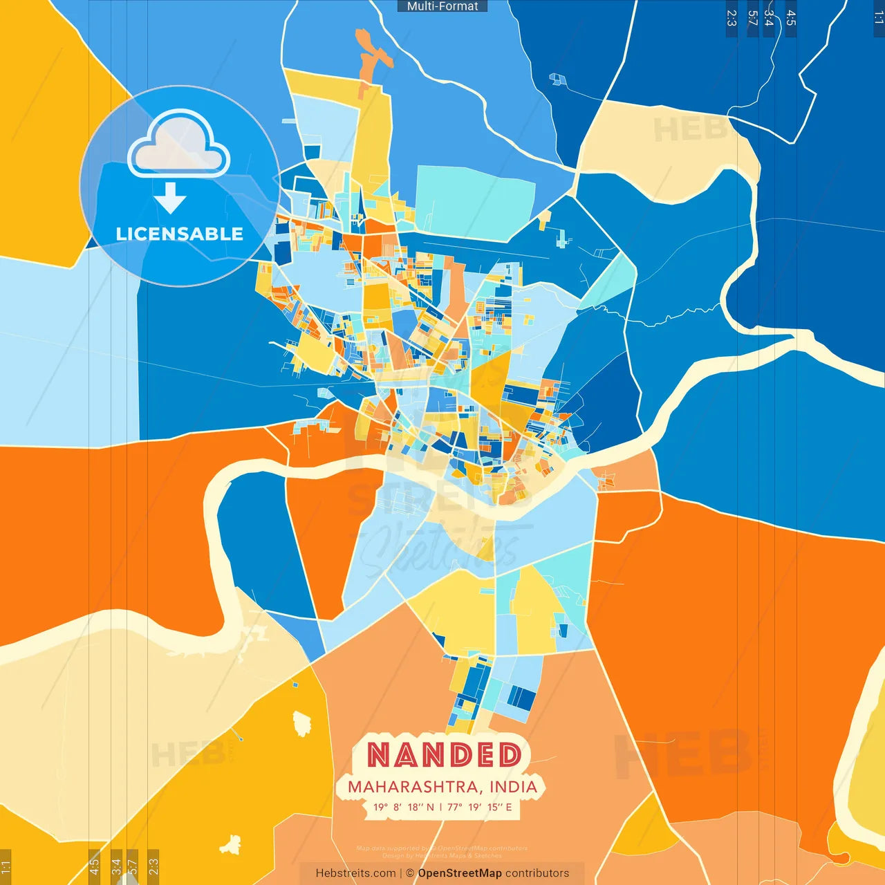 Nanded, Maharashtra, India blue and orange vector art map template
