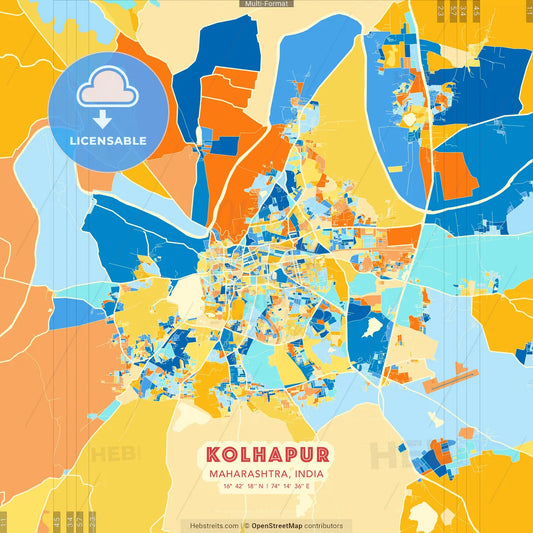 Kolhapur, Maharashtra, India blue and orange vector art map template