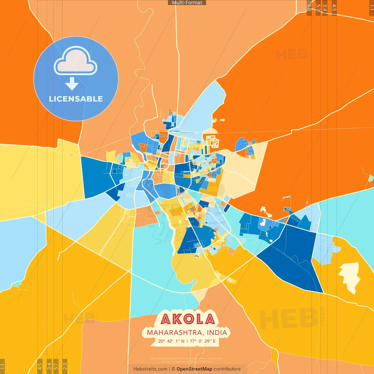 Akola, Maharashtra, India blue and orange vector art map template